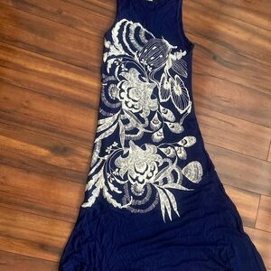 Desigual navy blue maxi dress with white flower embroidery